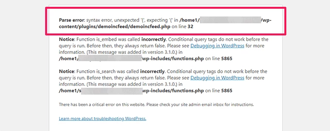 WordPress debug critical error